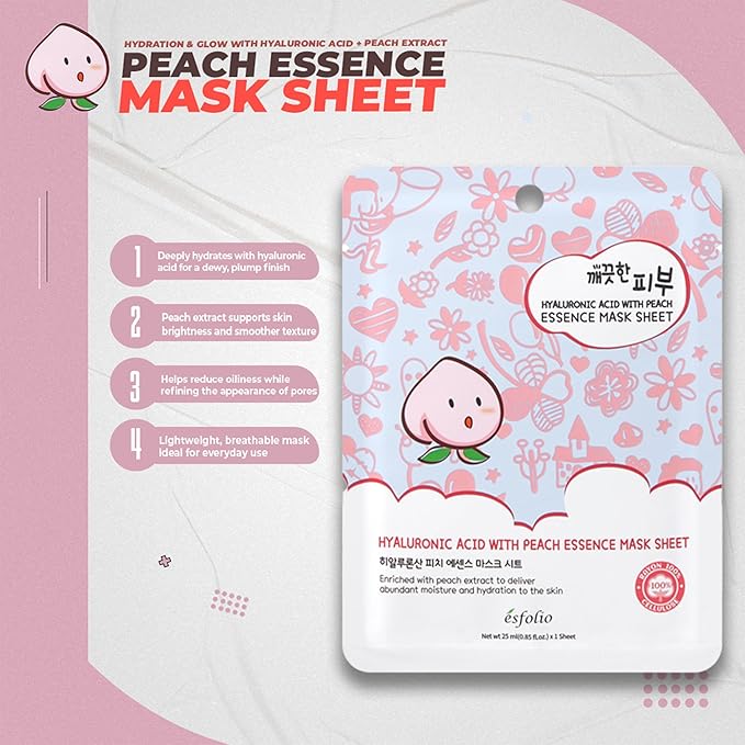 esfolio Pure Skin Hyaluronic Acid with Peach Essence Face Mask Sheet - Hydrating Korean Face Mask for Dark Spots, Pore Care, Oil Control and Improves Skin with Moisturizing and Soothing (Pack of 10)