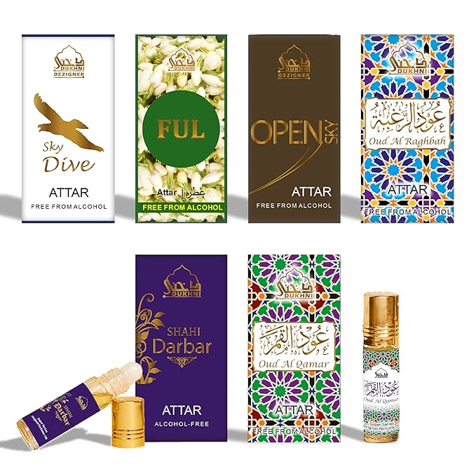 Dukhni Mixed Attar Oil Set | 6 Rollerball perfumes x 6ml | Best Arabic Perfumes for Men & Women | Pure Oudh Musk & Jasmine Arabic Oils | Non-Alcoholic & Vegan | Great for Everyday Office Wear
