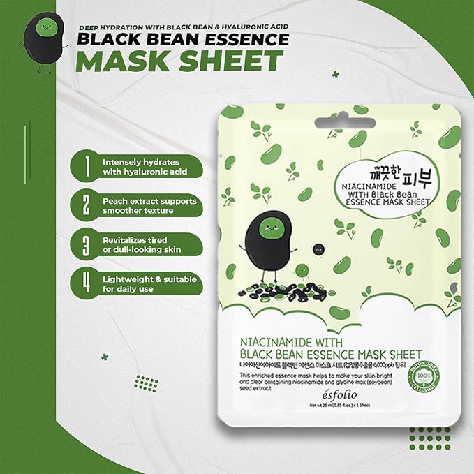 esfolio Niacinamide Black Bean Essence Mask Sheet – Hydrating Korean Face Mask for Dark Spots, Pore Care, Oil Control, Improves Skin – Moisturizing Skin (Pack of 10)
