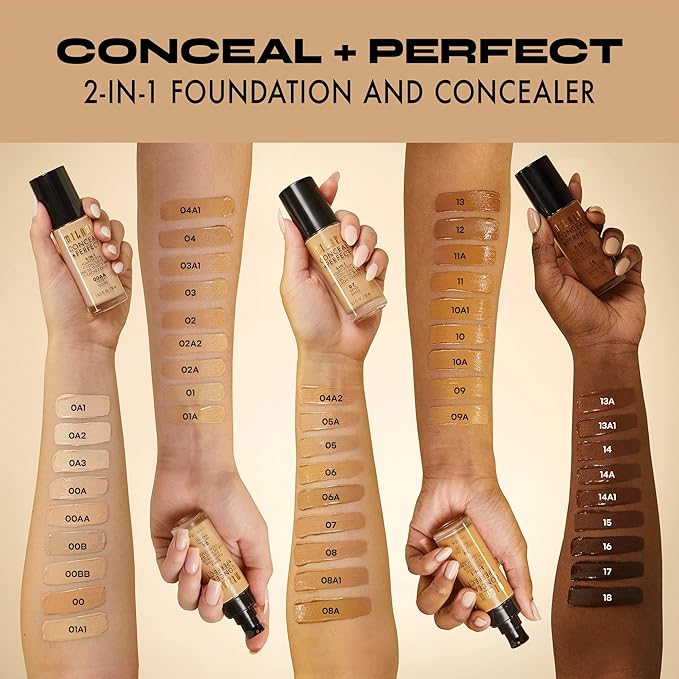 Milani Conceal + Perfect 2-in-1 ファンデーション + コンシーラー、完璧な肌へ、目の下のクマ補正、赤みや欠点をカバー、ウォータープルーフ＆汗に強い - 01 クリーミーバニラ