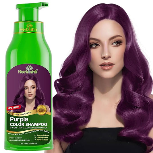 ハービッシュ マジックヘアダイシャンプー – 白髪を数分で染める – 長持ち – 500ml – 3-in-1アンモニアフリーカラートリートメント（パープル）