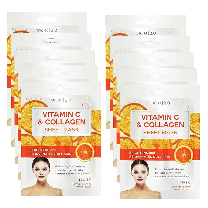 Vitamin C & Collagen Sheet Mask - Anti-Aging, Wrinkle & Age Spot Reducer, Hydrating & Moisturizing - Dermatologist Tested Korean Skincare, Clean Beauty, All Skin Types - 10 Count