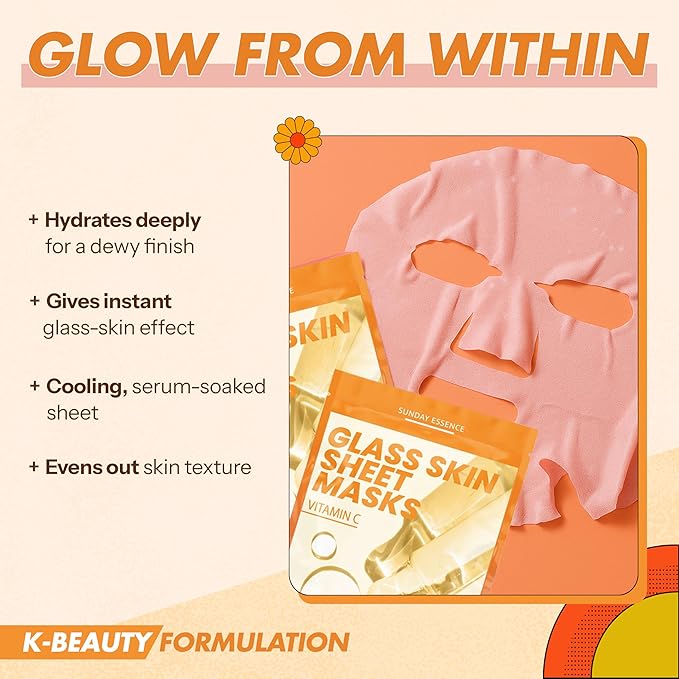 Vitamin C Face Mask For Glass Skin – Hydration & Revitalization For Dull Skin – Dermatologist Tested, Anti-Aging Korean Skin Care – Vegan, Cruelty-Free, Clean Beauty – 5 Sheets