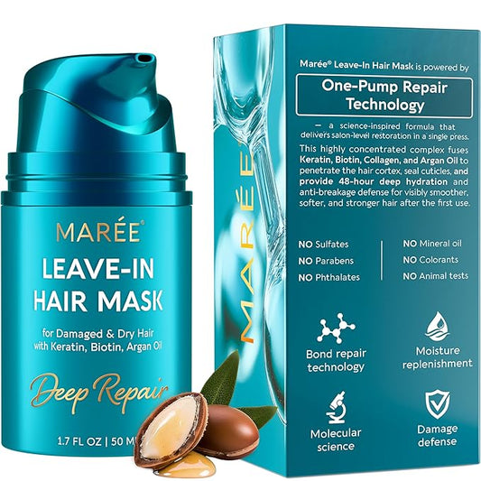 MAREE ディープコンディショニング洗い流さないヘアマスク 傷んだ髪用 – ケラチンヘアトリートメント（ビオチン、天然オイル、ビタミン配合） – 補修・保湿用洗い流さないコンディショナー – マスカリラ・パラ・カベロ