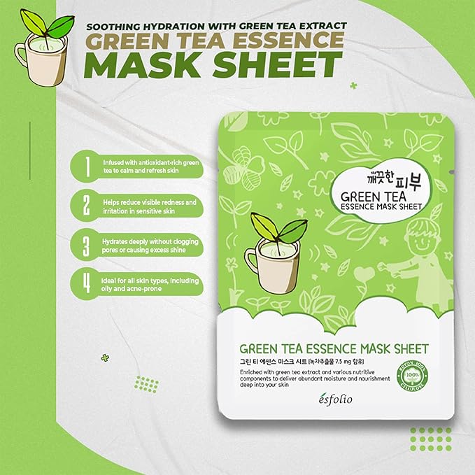Esfolio Green Tea Essence Face Mask – Hydrating, Soothing, Antioxidant-Rich Sheet Mask for All Skin Types – Moisturizing, Revitalizing Face Treatment for Sensitive, and Blemish-Prone Skin (Pack of 10)