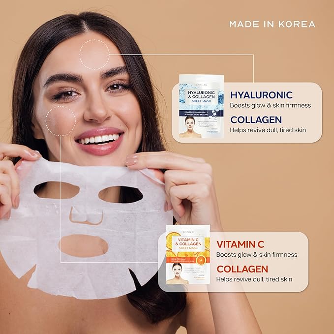 Vitamin C & Hyaluronic Acid Face Mask with Collagen – Dermatologist Tested, Korean Skin Care – Ultra Hydrating & Firming Sheet for Smoother-Looking Skin – Vegan, Clean Beauty – 10 Count
