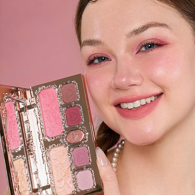 Flower Knows Strawberry Cupid Makeup Palette,Pink Face Makeup with 5 Matte + 2 Shimmer Shades,Blendable Smooth Cute All- In-One Make Up Palette,0.49 Oz(02 Cupid's Mischief)