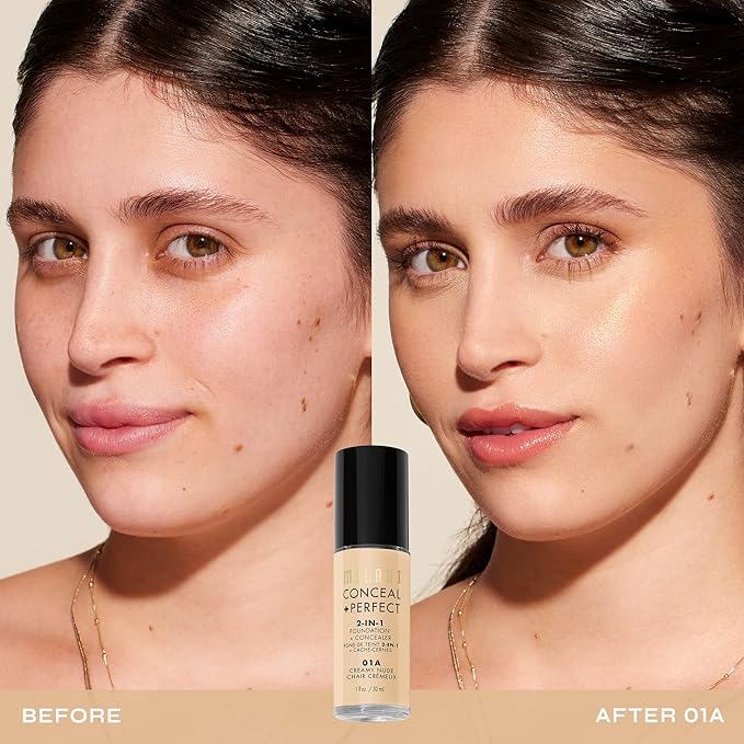 Milani Conceal + Perfect 2-in-1 Foundation + Concealer for a Flawless Complexion, Under Eye Corrector, Cover Redness and Imperfections, Waterproof and Sweatproof - 01A-Creamy Nude