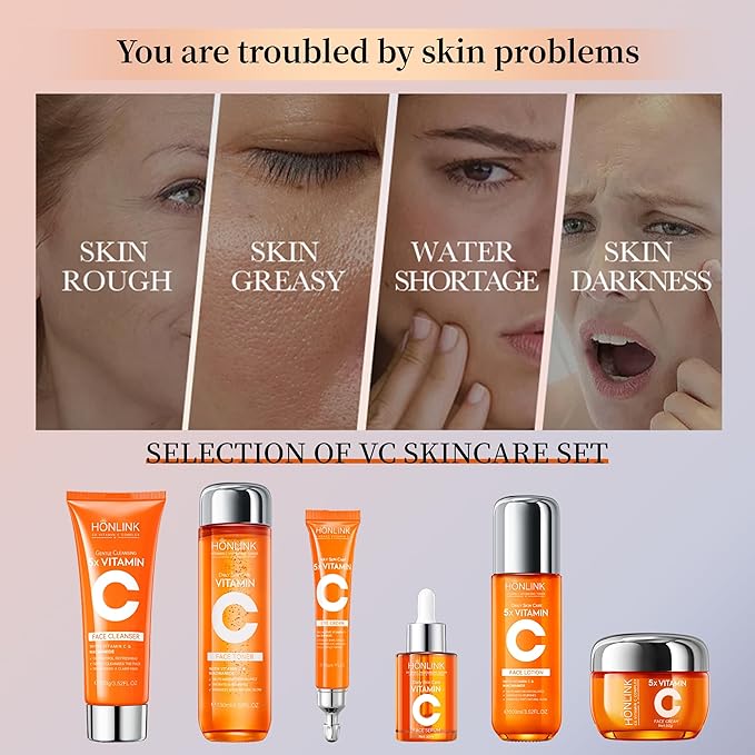 6-Piece Hydrating Skincare Set with Vitamin C & Niacinamide, Face Care Kit Includes Toner, Serum, Cleanser, Moisturizer, Eye Cream & Body Lotion | Valentine’s Day Gift for Women