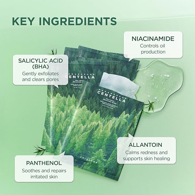 SKIN1004 Madagascar Centella Tea-Trica Relaxing Mask, Face Mask Skincare for Oily & Blemish Prone Skin, Soothing & Calming Relief Care for Sebum & Impurities, Korean Skin Care, 0.84 fl oz / 25ml * 5ea