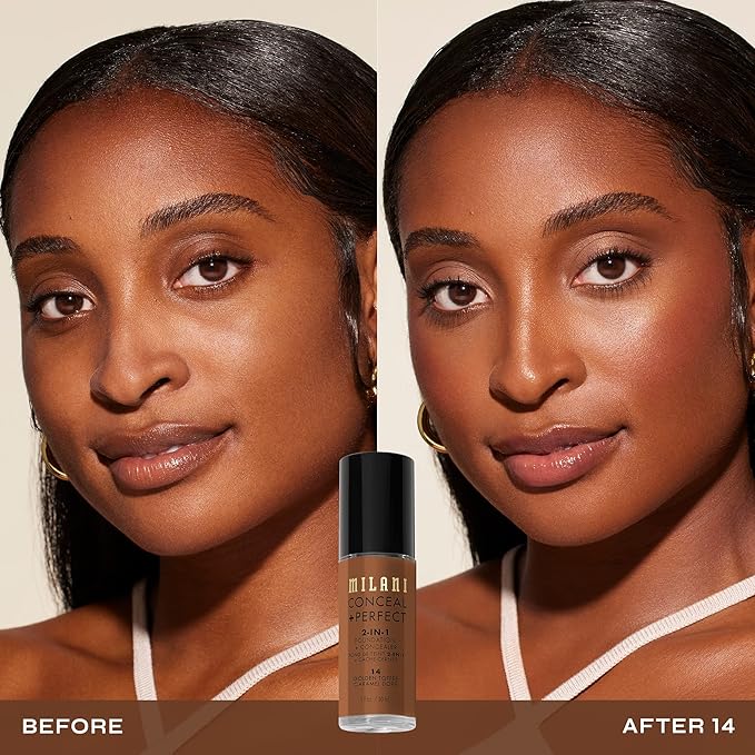 Milani Conceal + Perfect 2-in1 ファンデーション + コンシーラー、完璧な肌へ導く、目の下のクマ隠し、赤みや肌悩みをカバー、ウォータープルーフ、スウェットプルーフ - 14-ゴールデントフィー