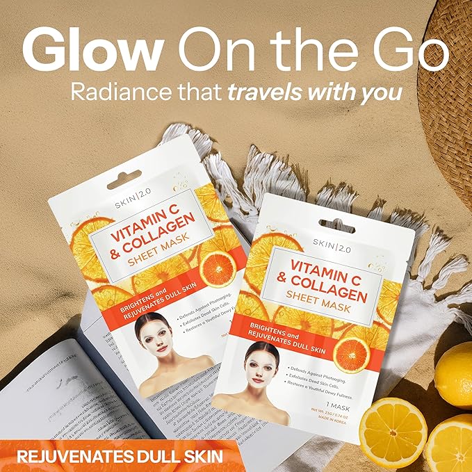 Vitamin C & Collagen Sheet Mask - Anti-Aging, Wrinkle & Age Spot Reducer, Hydrating & Moisturizing - Dermatologist Tested Korean Skincare, Clean Beauty, All Skin Types - 20 Count