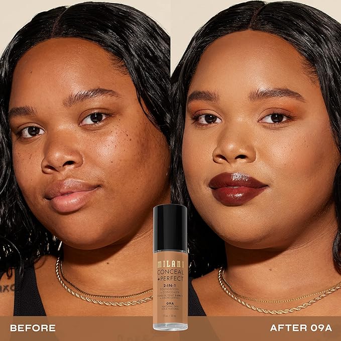 Milani Conceal + Perfect 2-in1 ファンデーション + コンシーラー 完璧な肌色に、目の下のクマ補正、赤みや欠点をカバー、ウォータープルーフ＆スウェットプルーフ - 09A-ナチュラルタン