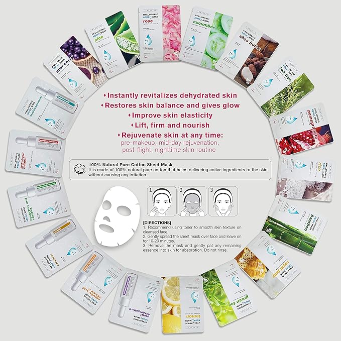 Hyaluronic Aqua Plus Essence Full Face Facial Sheet Mask 14 Sheets - 2 WEEKS SET (VITAMIN C - 14 pack)