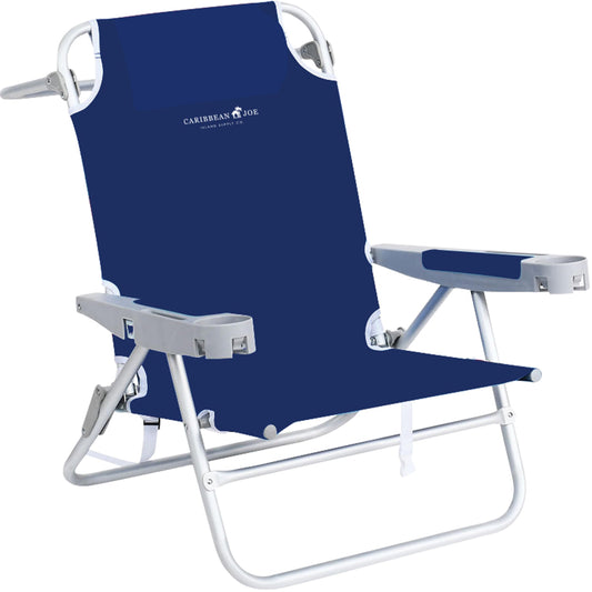 CARIBBEAN JOE Folding Beach Chair 5 Position Portable Backpack Foldable Camping Chair with Headrest and Cup Holder Armrests Navy